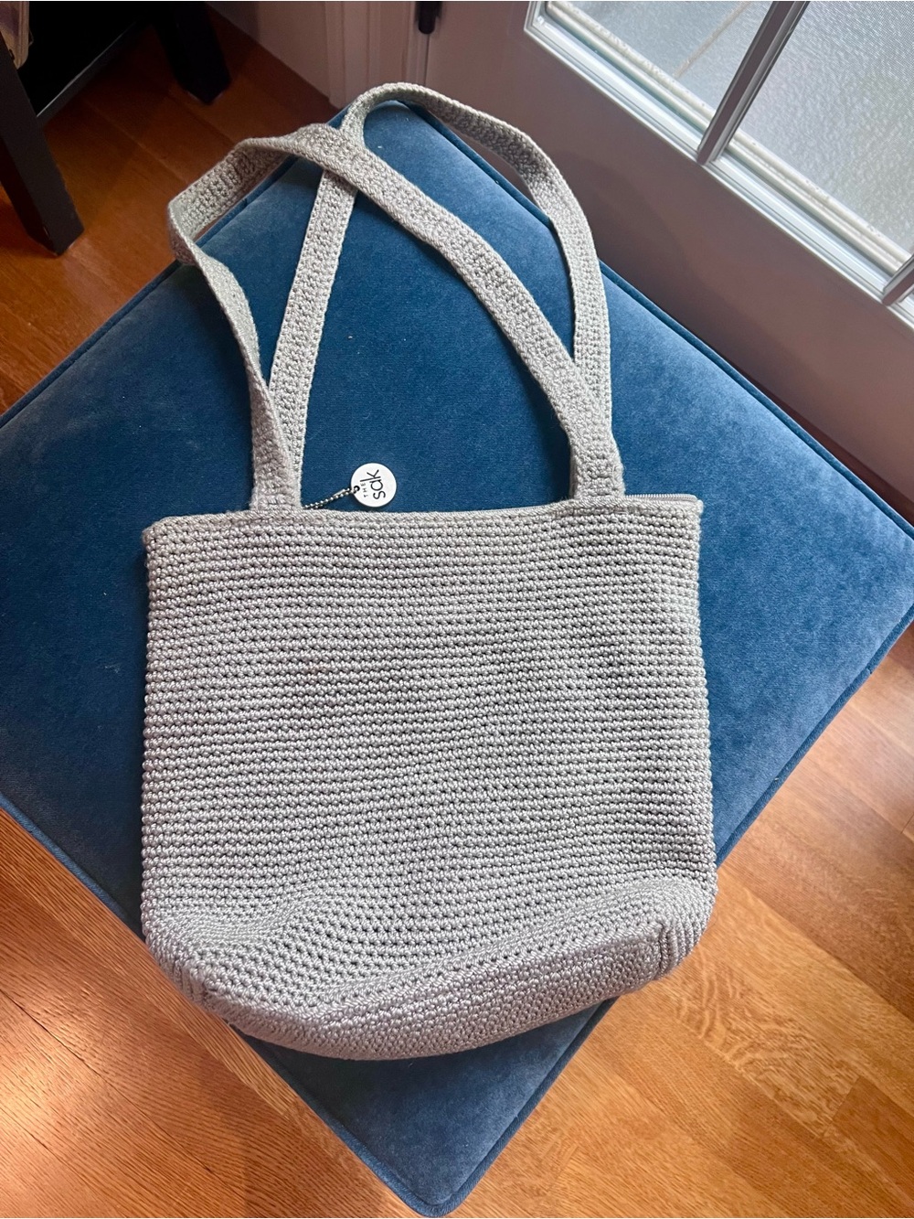 The Sak Crochet Tote Shoulder Bag Grey Silver Metallic Classic Knit Boho